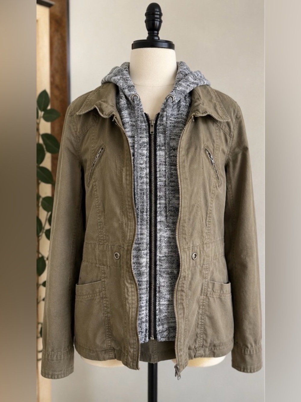 Love Tree Utility Jacket with Faux Layered Hoodie | Medium